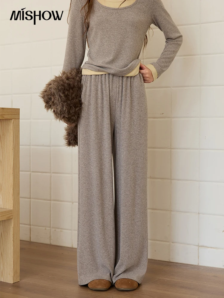 MISHOW イラスティックウエストカジュアルパンツ 2025 秋冬 無地 フルレングスパンツ ルーズワイドレッグパンツ オフィスレディ MXE89K1119