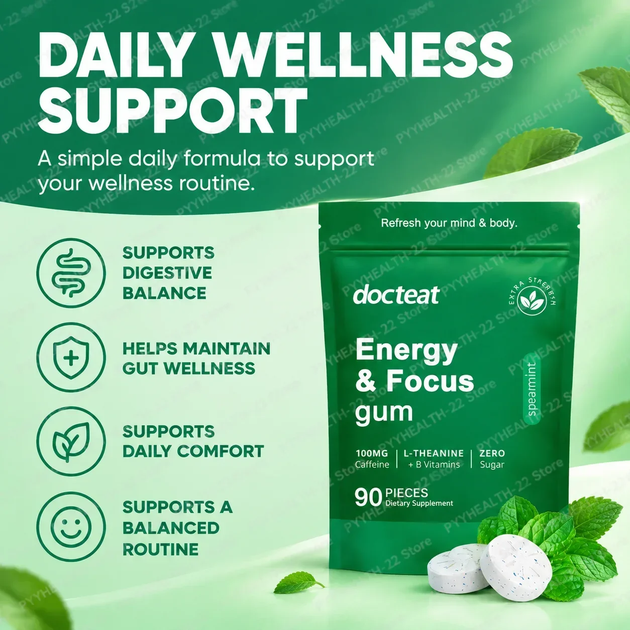 Energy & Focus Gum,Supports Mental Alertness & Enhances Focus,100mg Caffeine, L-Theanine & B-Vitamins,Zero-Sugar, 90 Pieces