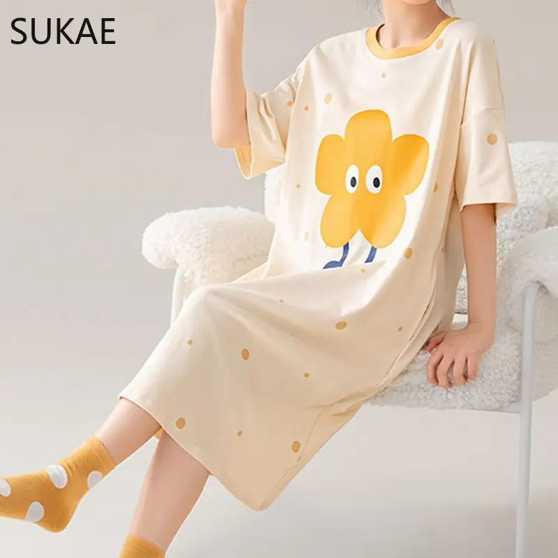 100% COTTON! SUKAE Summer New Women Lovely Sleepshirt Fashion Nightgowns Leisure Dress Casual Nightdress Short Sleeves Nightgown