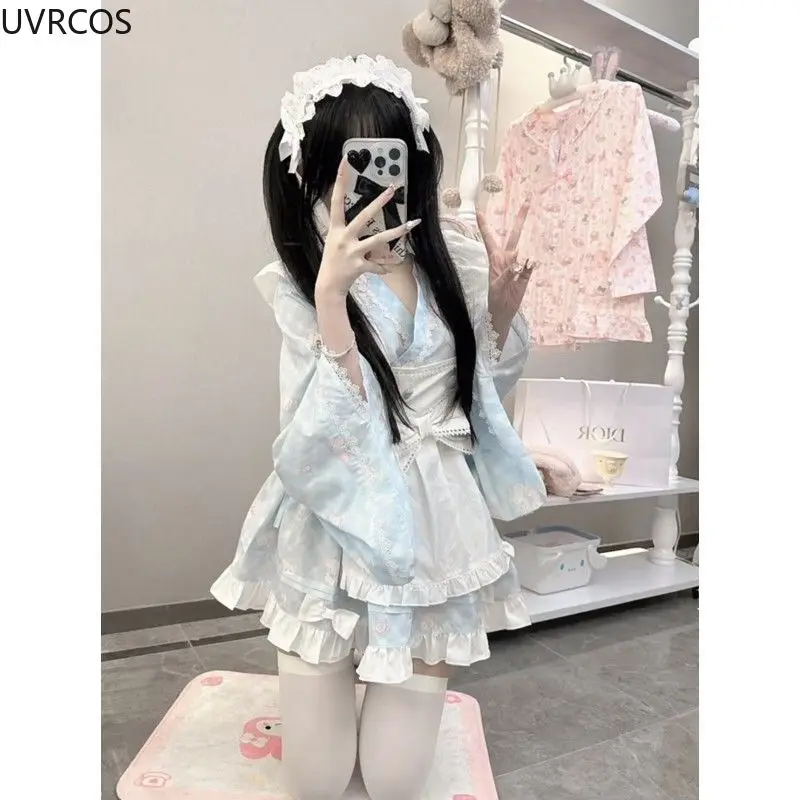 Japanese Sweet Lolita Style Dress Kawaii Cute Cartoon Print Princess Party Dresses with Bow Apron Cosplay Costume Maid Dress Set