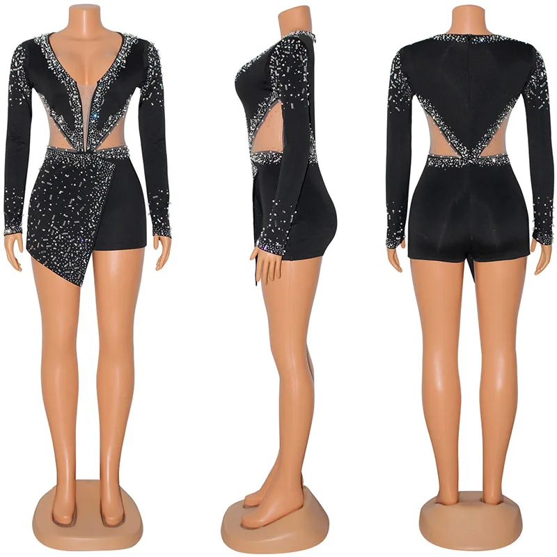 여성을위한 섹시한 다이아몬드 패치 워크 생일 드레스 파티 나이트 클럽 메쉬 쉬어 긴 소매 v 넥 Chirstmas Prom Bodycon 미니 드레스