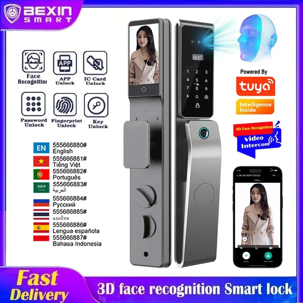 TUYA Wifi App Active Unlock Smart Digital Lock Palm Print Face Fingerprint Code Card Key Nfc Electronic 6068 or Israel Door Lock
