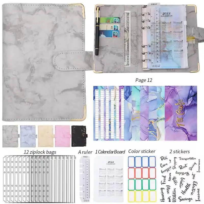 A6 PU Leather Notebook Binder Cash Budget Planner Organizer System with Zipper Cash Envelopes,Budget Sheets and Sticker Labels