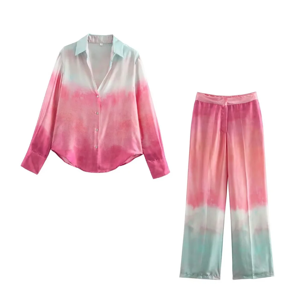 BMURHMZA Autumn New Product Women's Fashion Silk Texture Tie Dyeing Printed Shirt High Waist Wide Leg Pants Set