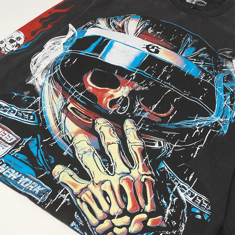 Amerikaanse streetwear Godspeed skelet racer print met lange mouwen gewassen doen oude losse casual heren dames T-shirt met lange mouwen