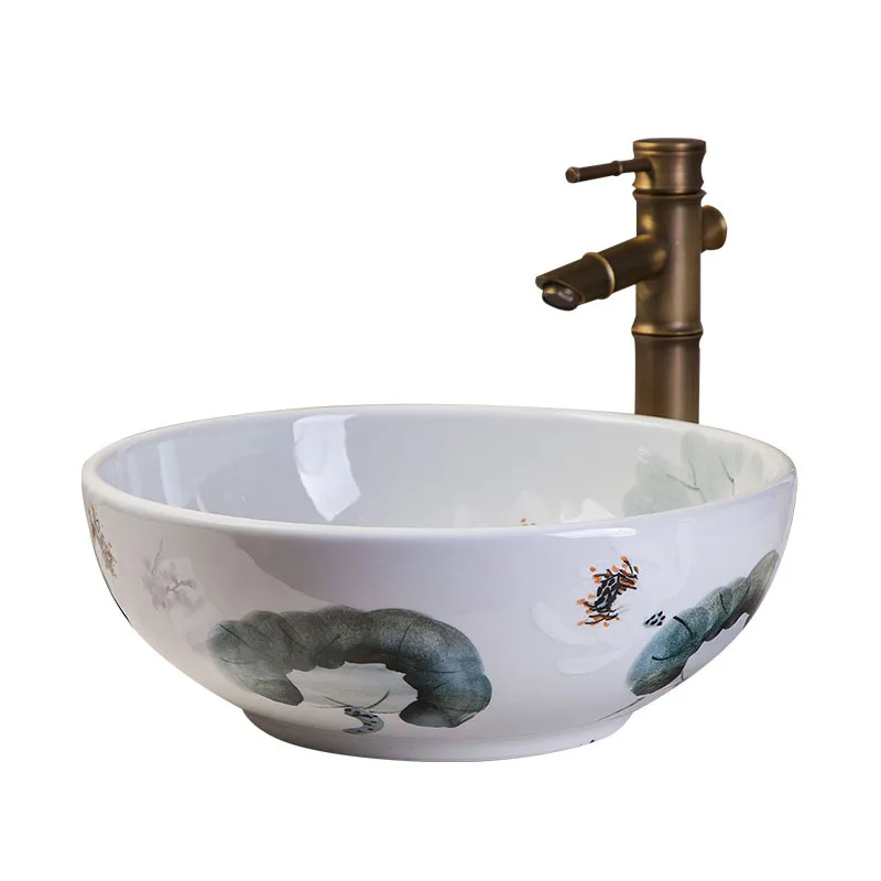 

Художественная настольная раковина, круглая винтажная раковина, керамическая раковина для ванной комнаты, домашний креативный балкон, китайская раковина