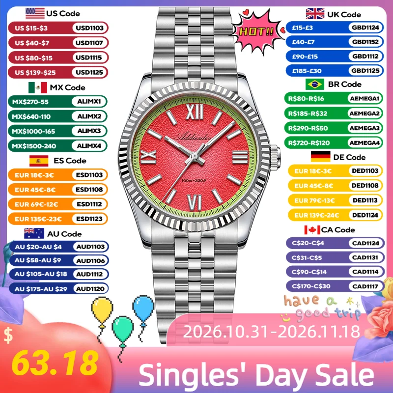 ADDIESDIVE Hight Quality Sapphire Glass 10Bar Waterproof Watches 316L Stainless Steel BGW9 Super Luminous Wristwatches for Women