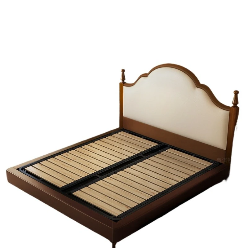 

Medieval solid wood leather bed retro light luxury villa storage soft bag master bedroom bed