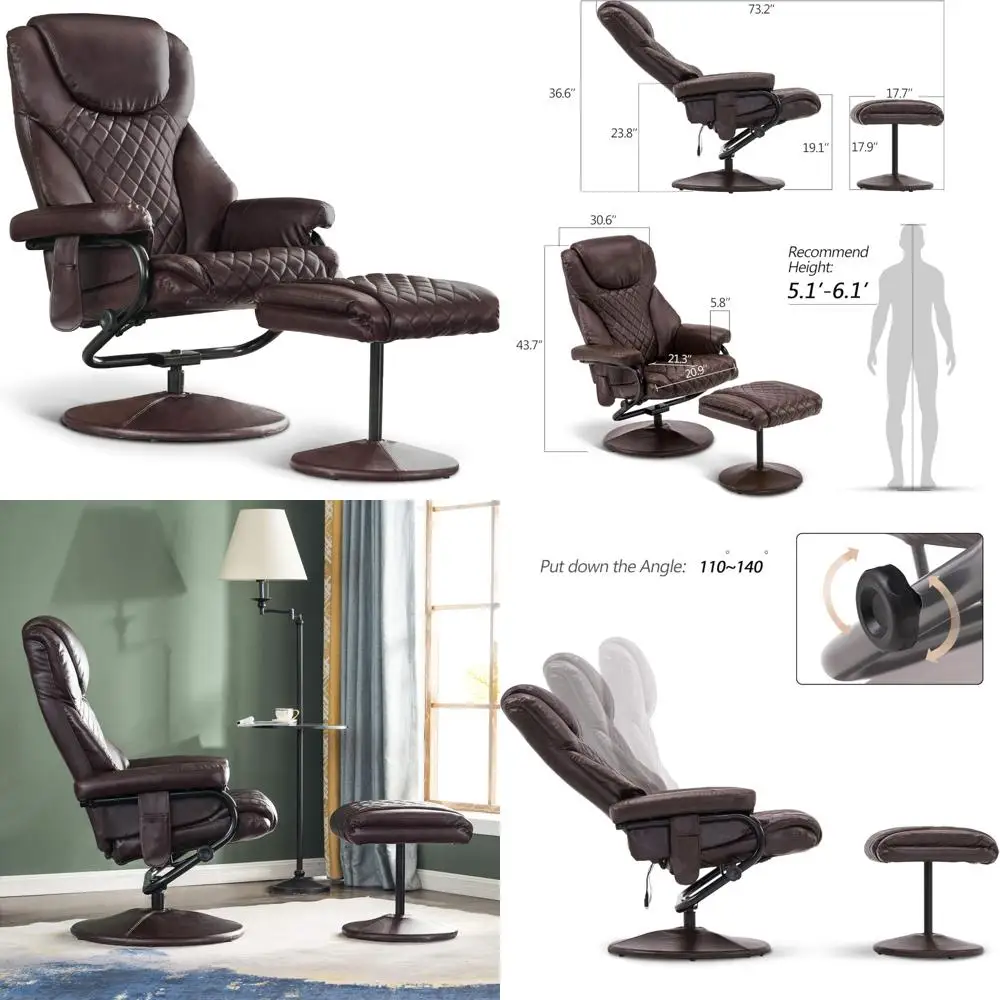 MCombo Recliner Ottoman Chair with Massage, 360 Swivel Faux Leather Living Room Furniture, Model 4901 Dark Brown