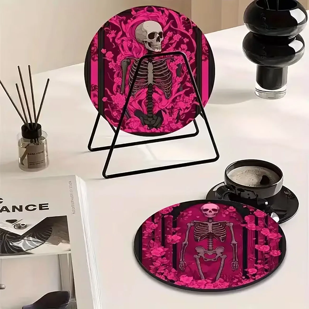 6Pcs Wooden Coasters Pink Floral Skeleton Pattern Round Drink Coasters Gothic Table Decor Gift