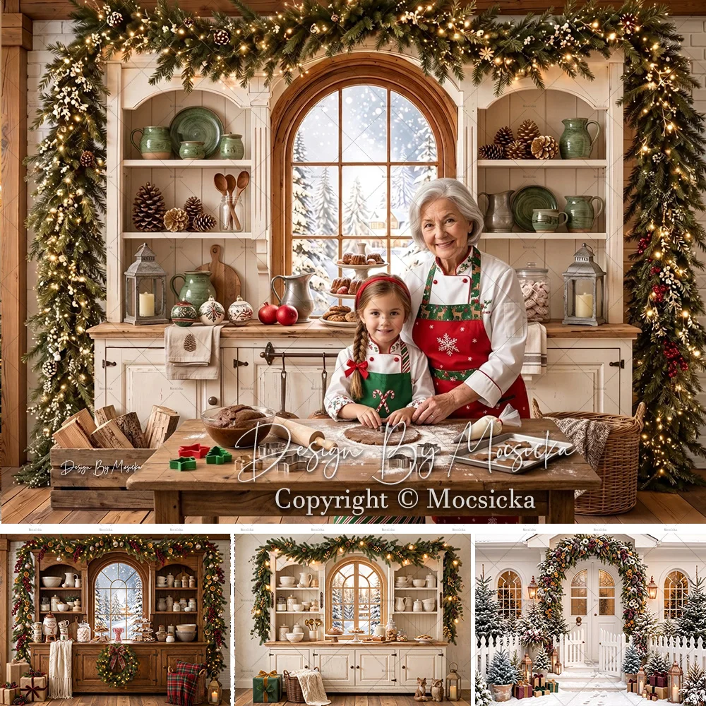Mocsicka Christmas Baking Kitchen Backdrop Photography White Wooden Cabinet Window Garland Background Family Winter Xmas Photo