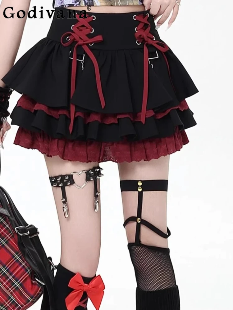 

Y2k Sweet Cool Subculture Girl Lace-up College Short Cake Skirt Summer New Girls High Waist A-line Versatile Age-reducing Skirts