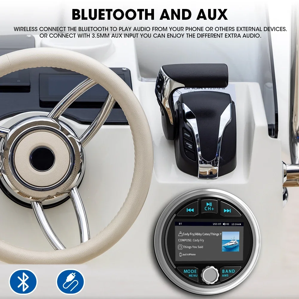 GRANDnavi-Waterproof Marine Stereo, Leitor de rádio IPX5 Boat MP5, Bluetooth, FM, AM, RDS Audio para bitola de iate, ATV, UTV, Carrinho, Motocicleta