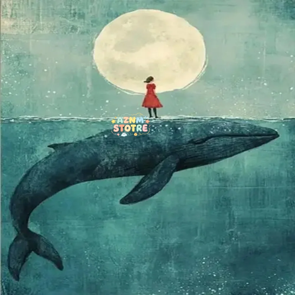 Whale and Girl in The Moonlight Poster and Prints Retro Abstract Canvas Painting Wall Art Picture for Living Room Home Decor