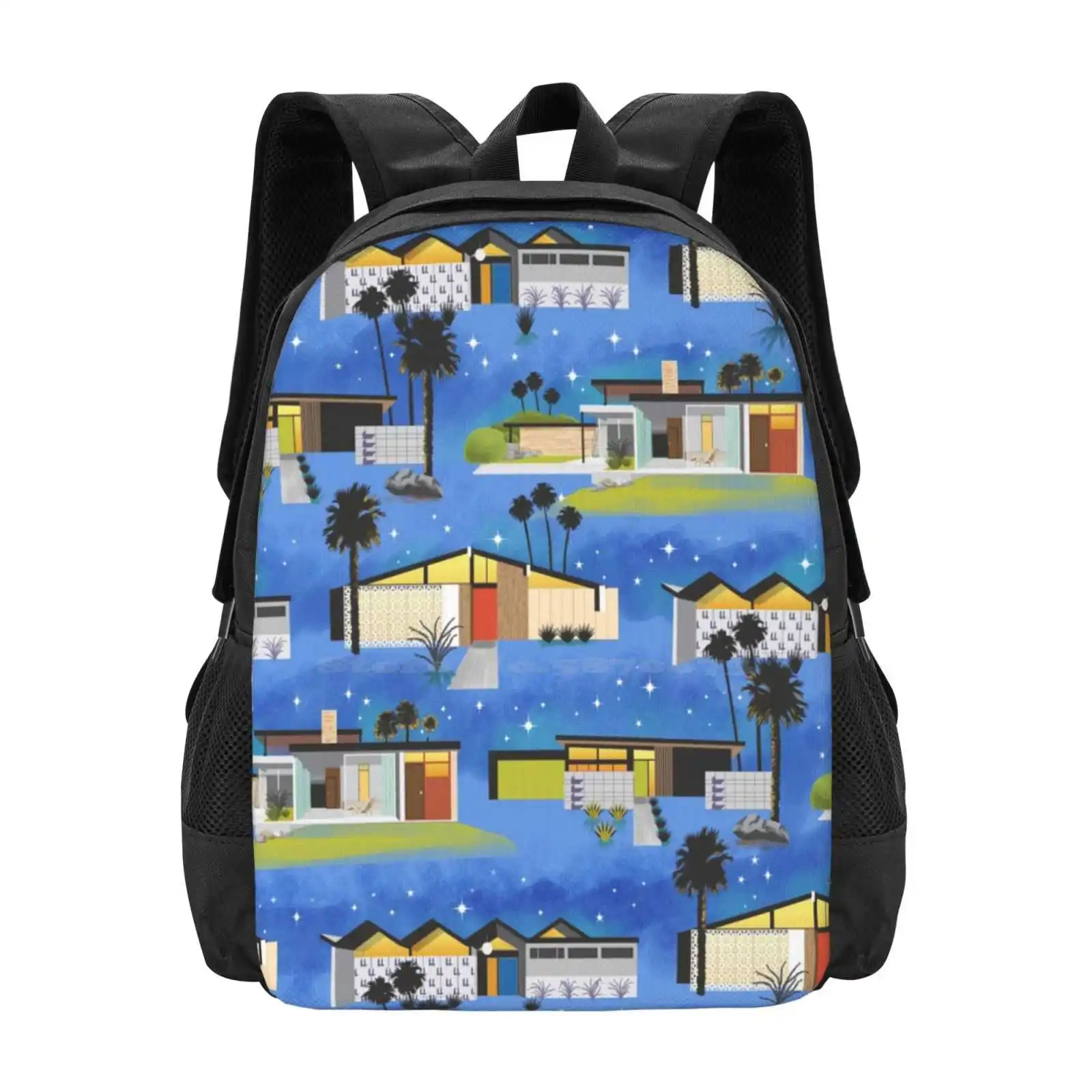 Mid Century Modern Homes Of The Desert Under A Night Sky With Stars Large Capacity School Backpack Laptop Bags Mid Century