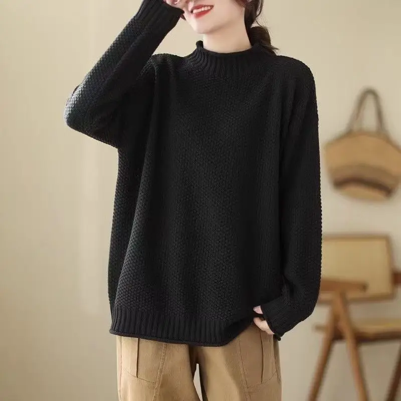 

2023 Autumn/Winter Half High Collar Solid Color Pullover Sweater for Women New Fashion Loose Casual Versatile Knitted Top