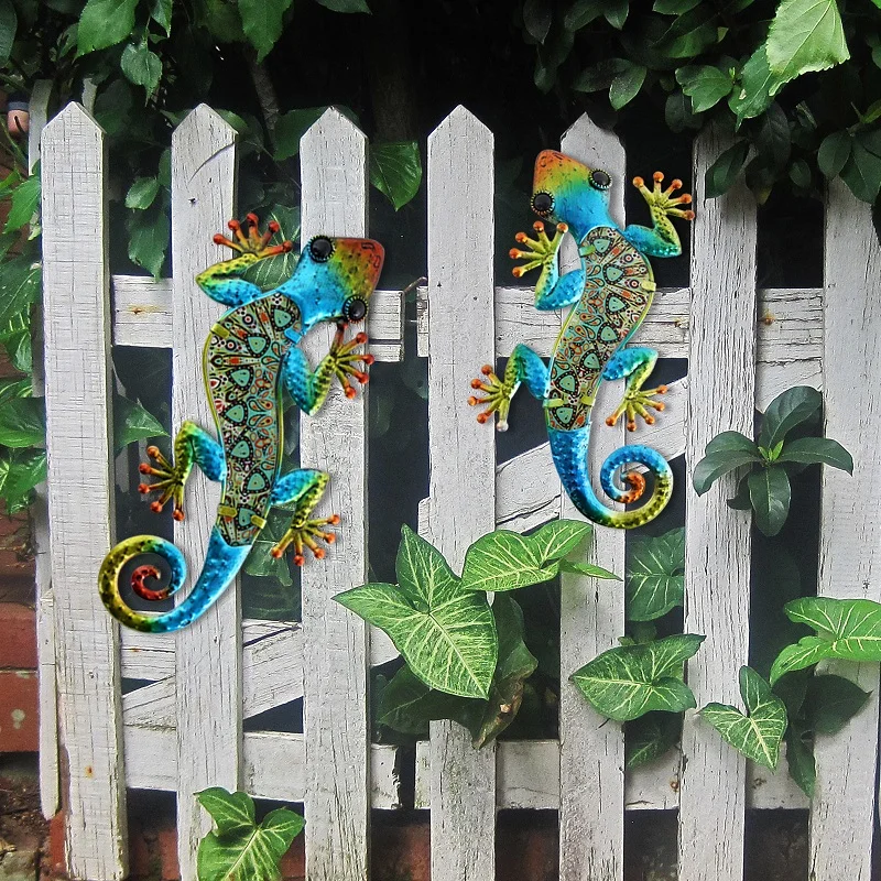 Decoración de pared de Gecko de metal, arte de jardín de lagarto, escultura de vidrio colgante, interior y exterior, cerca de terraza, 3 colores, 2