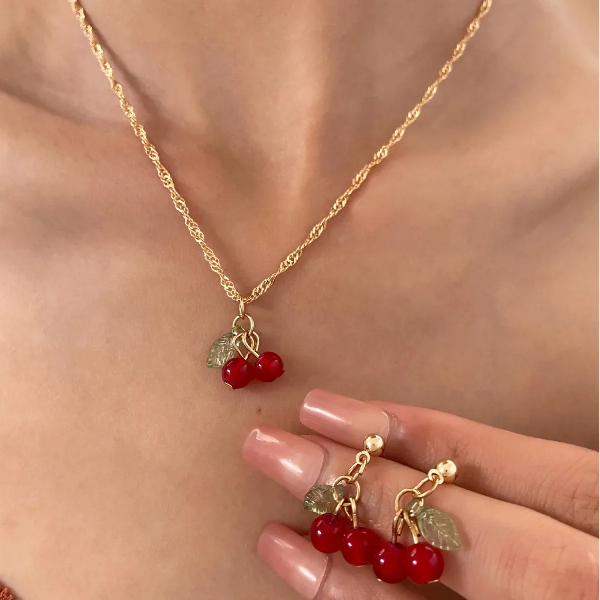 Chic Cherry Earrings Necklace Set Dangle Drop Green Leaf Sparkly Unique Jewelry Gift for Women Bestie