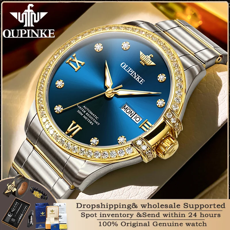 OUPINKE 3195 Men Watch Luxury Brand Imported Movement Automatic Mechanical Watch Fashion Waterproof Business Diamond Men's Watch