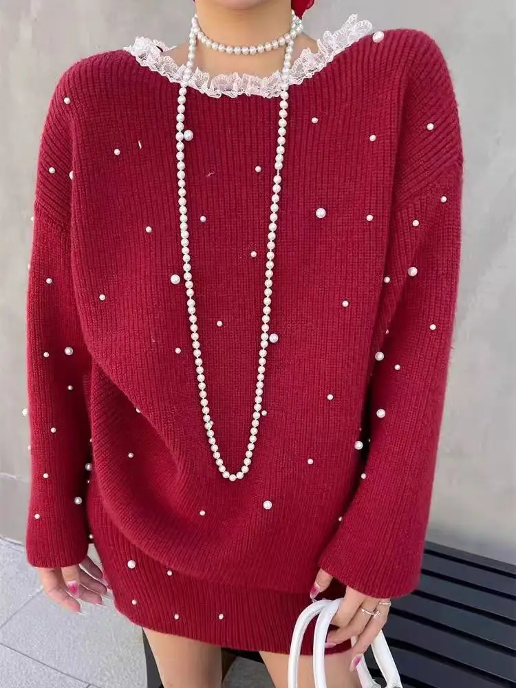 

Women's retro Korean fashion heavy industry nail bead lace collar loose sweater+elastic waist half skirt knitted two-piece set