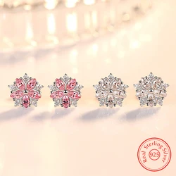 Real 925 Sterling Silver Woman's High Quality Fashion Jewelry Crystal Flower Hoop Earrings New XY0221