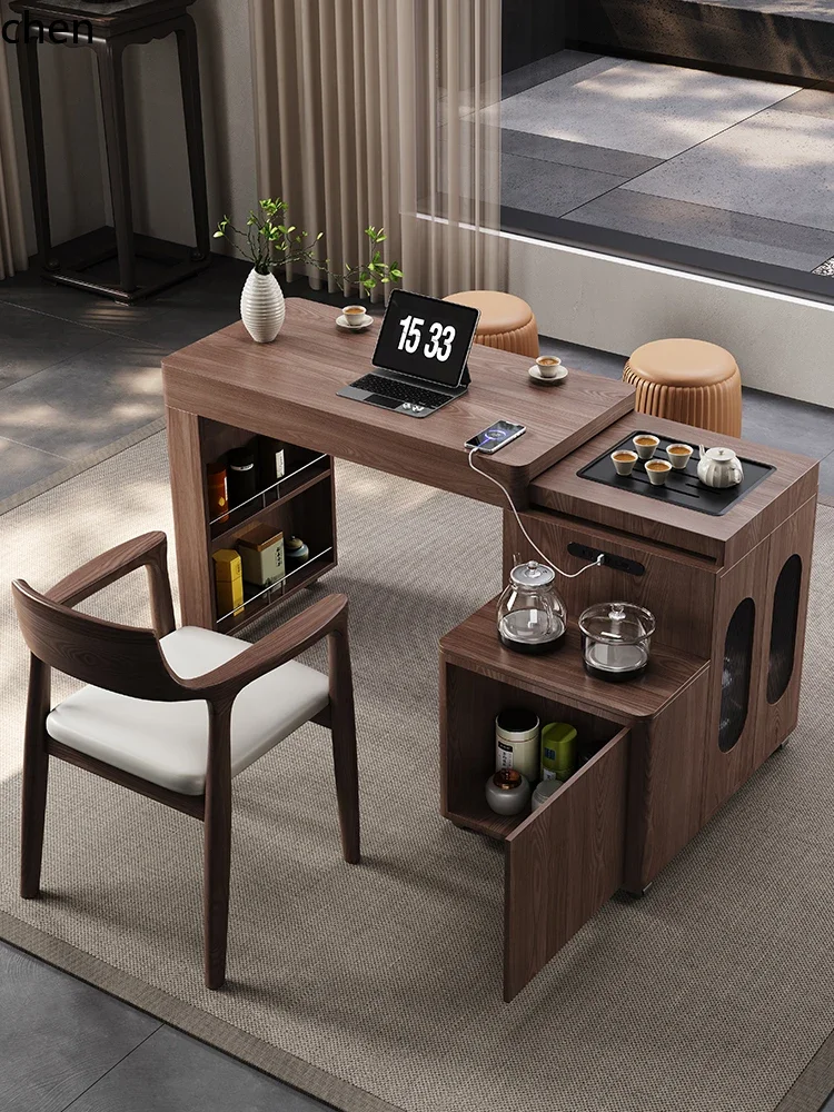 balcony household tea table solid wood mobile tea table rotatable retractable tea cart
