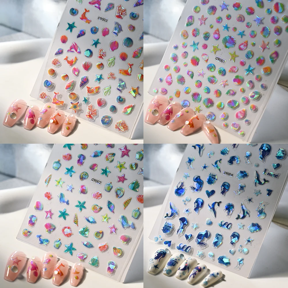 Sea Shell 3D Nail Sticker Ocean Beach Theme Summer Animal Starfish Star Fish Nail Slider Self-Adhesive Decal Nail Art Decoration