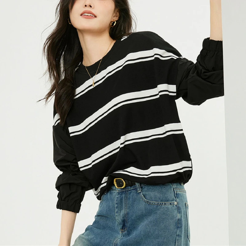 Temperament Fashion Autumn Winter Women O-Neck Striped Contrast Color Zipper Simplicity Office Lady Long Sleeve T-Shirts Tops