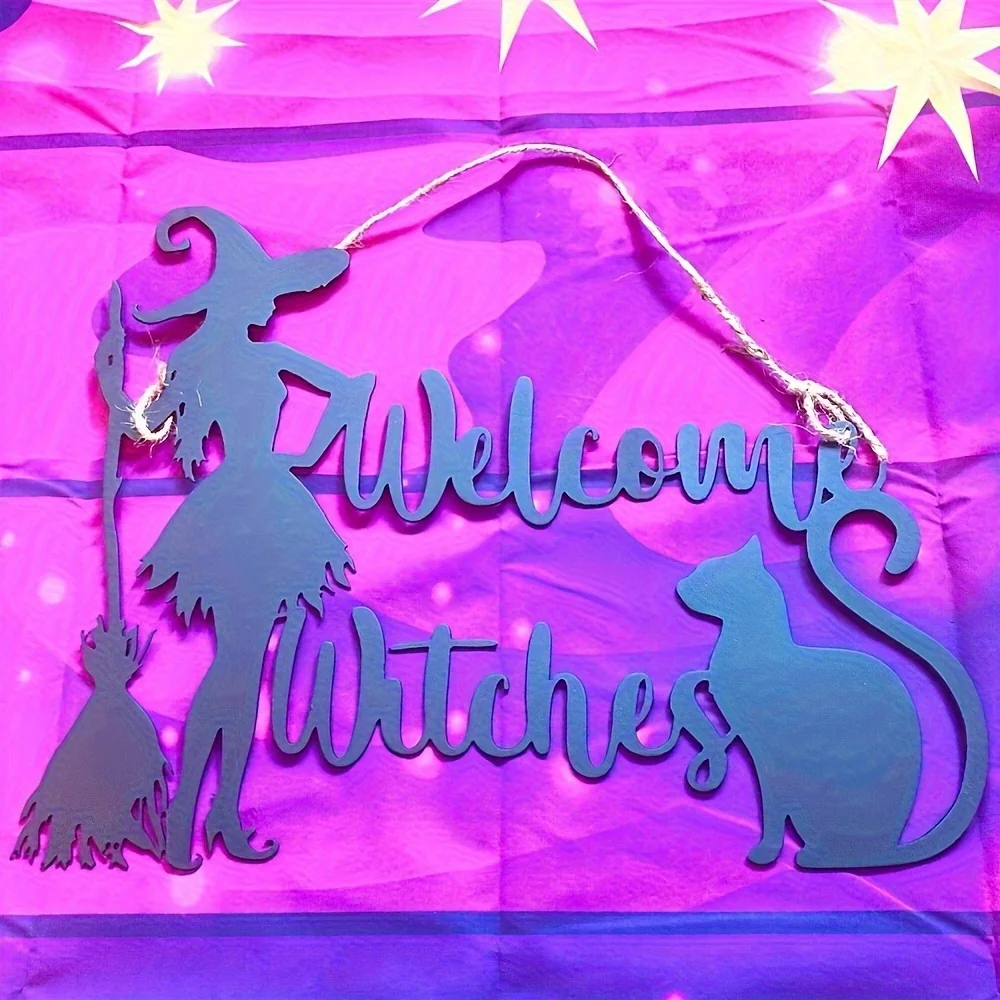 1pc Metal Witch and Cat Broom Welcome Sign- Halloween Metal Wall Art, Outdoor Holiday Decoration, Suitable for Home and Doorway