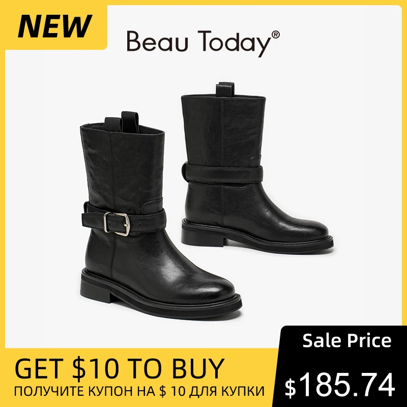 BEAUTODAY Western Boots Women Genuine Sheepskin Leather Belt Buckle Solid Color Slip-on Mid-Calf Ladies Boots Handmade 06057