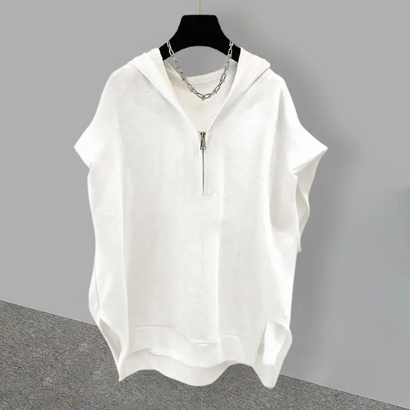 Solid Color Zipper Patchwork Hooded Sleeveless T Shirt Tops Summer New Loose All-match Loose Vest Casual Fashion Women Clothing