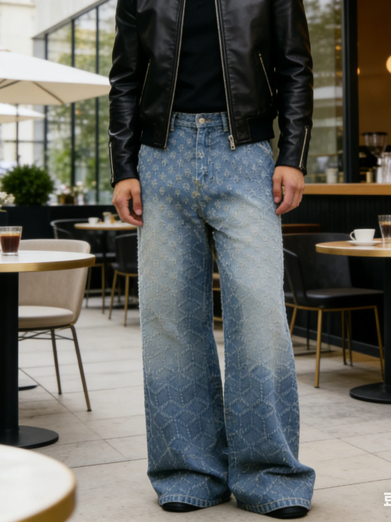 Vintage full-pattern geometric jacquard jeans for men, loose drapey wide-leg fit, high-street trendy versatile long pants