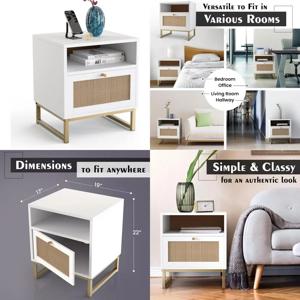 

Contemporary Rattan Nightstand | Stylish Wooden Accent Table with Storage | Natural Light Wood End Table - White