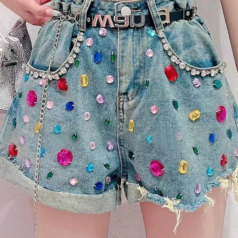 

Bling Diamond Denim Shorts Women's Streetwear Design Hole Sequin Fashion All-Matched Jeans Shorts Summer Casual Loose Hot Pants