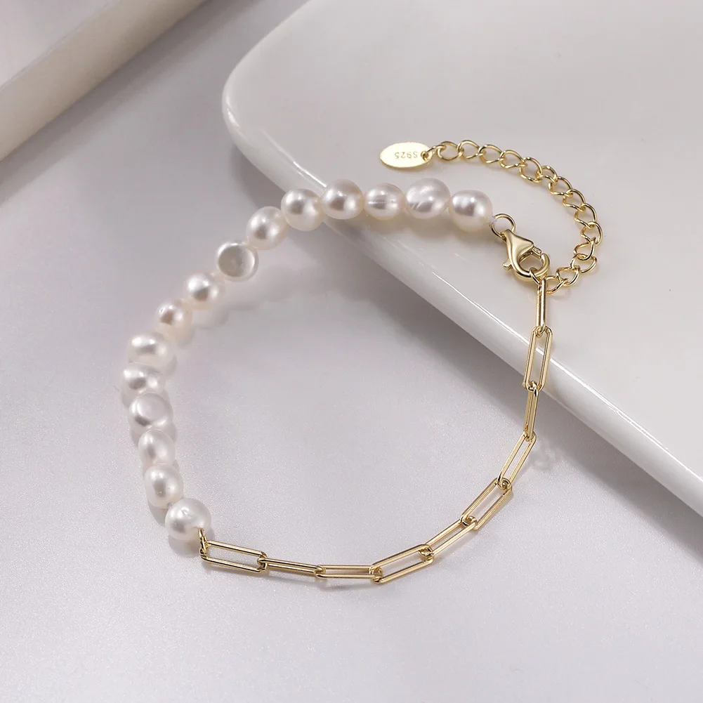 

KISS MANDY Elegant Baroque Freshwater Pearl Charm Bracelets for Women 925 Sterling Silver Paperclip Chain Beaded Bracelet GPB01