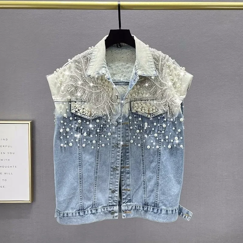 

Heavy Work Pearl Beaded Diamonds Women Blue Short Denim Vest Casual Tie-Dye Gradient Contrast Color Sleeveless Jeans Waistcoat