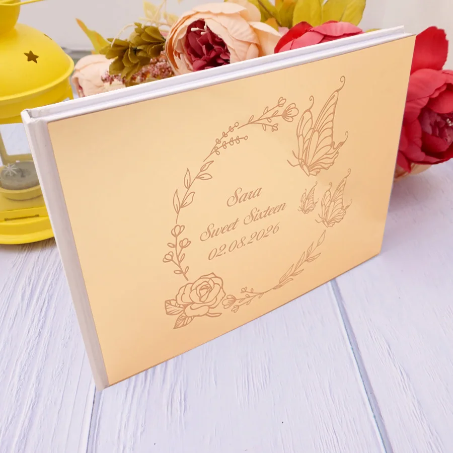 

Custom Butterfly Design Acrylic Mirrored Cover Wedding Guest Book Birthday Anniversary Gift Personalized Reception Signs Book