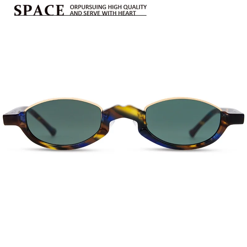 Ins Retro Blue Yellow Striped Acetate Sunglasses Women Unique Design Half Rim Oval UV400 Sun Glasses Unisex Trendy Shades