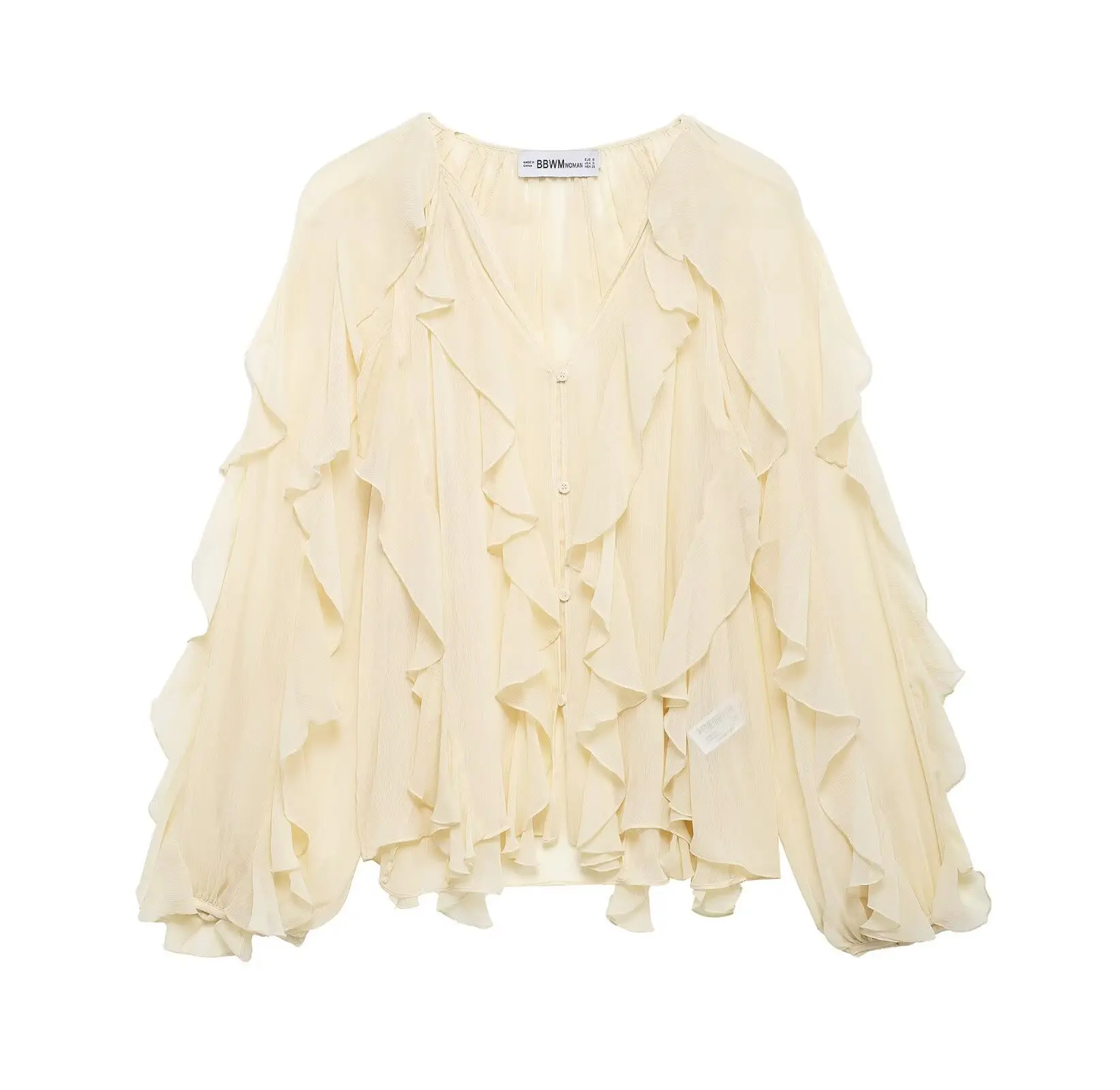 Women's Elegant Ruffled Trumpet Sleeve Oversized Shirt Chic V Neck Solid Color Cropped Shirt Vacation Women Commuter Streetwear