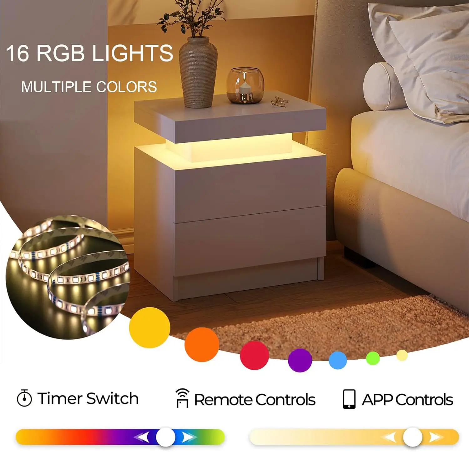 白色LEDナイトスタンド モダンなナイトスタンド 寝室用ベッドサイドテーブル 木製引き出し2つ付き サイドテーブル