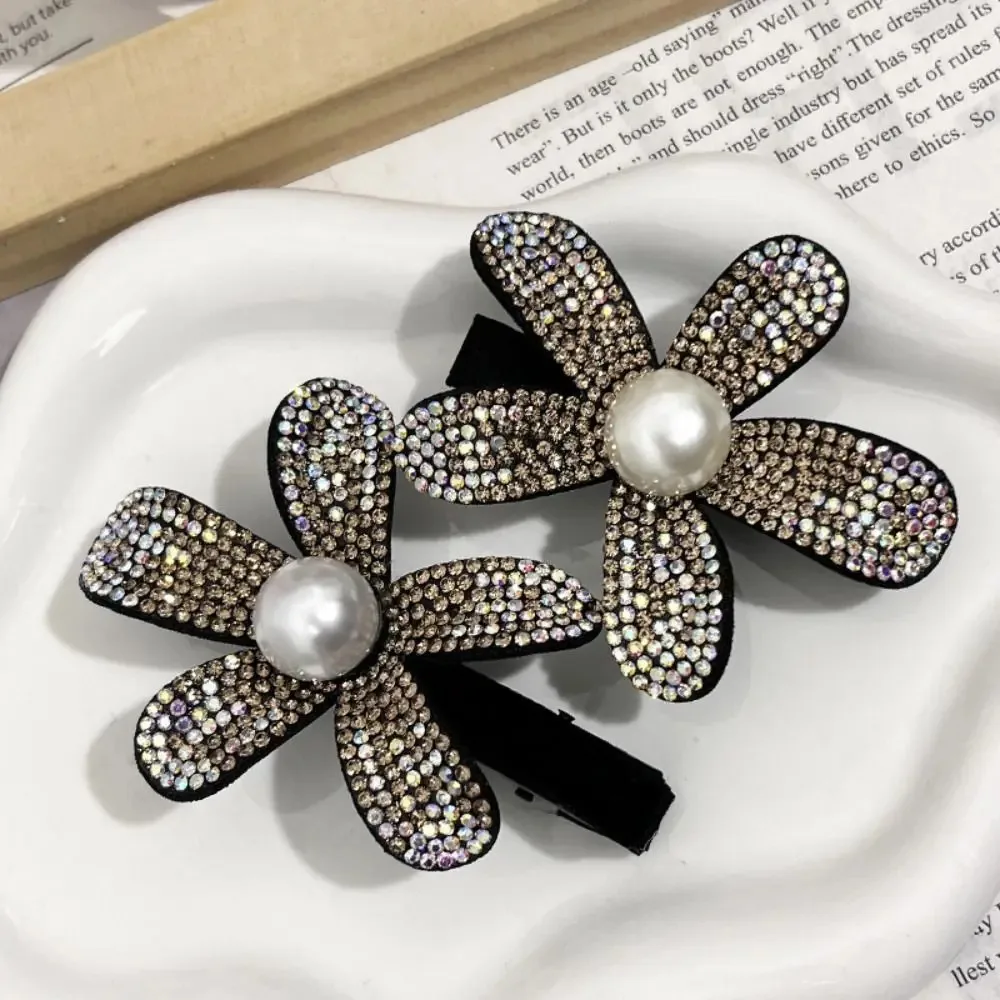Shiny Diamond Rhinestone Hair Clip Flower Barrettes French Non-slip Flower Beads Duckbill Clip Side Bangs Clip Full Diamond