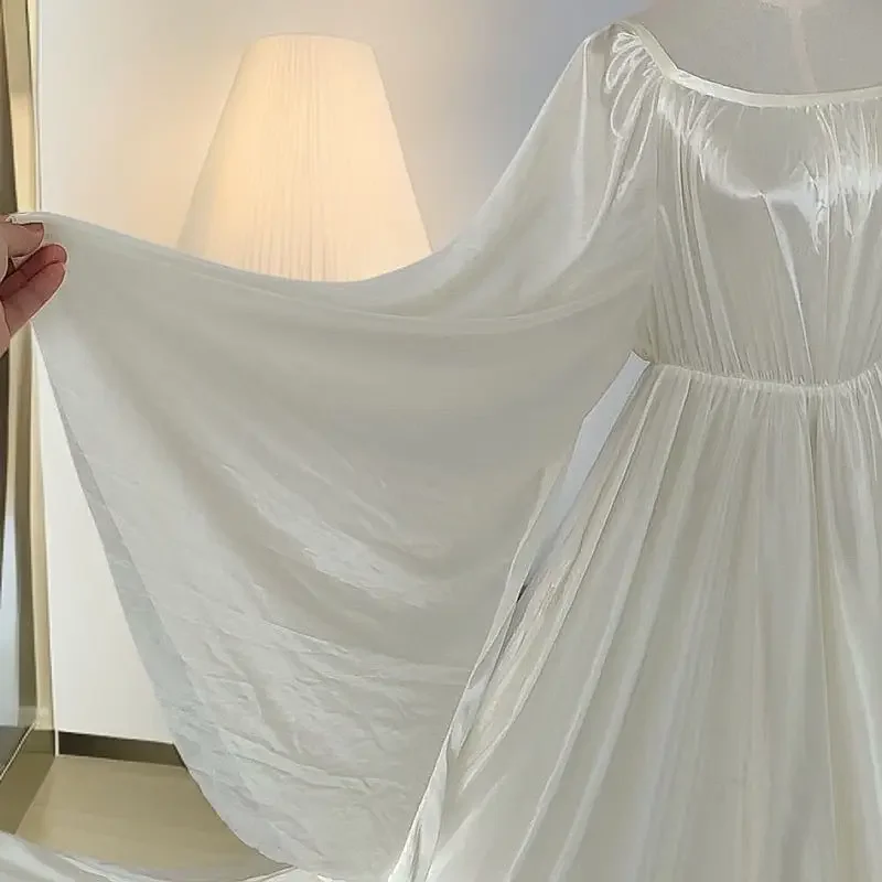 Błyszcząca biała damska satynowa luźna sukienka maxi z długim rękawem Plus Size Seksowna czarna szlafrok do spania Solidna długa sukienka Elegancki wąski dekolt O-neck