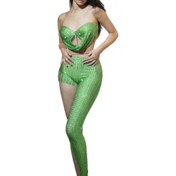 Luxurious Sparkly Rhinestone 2pcs set Girl Club Irregular Jumpsuit Stretch Mesh Carnival Party Sexy Stage Dance Troupe Bodysuits