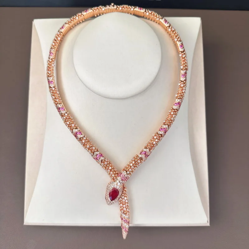 

Designer Collection Style Necklace Women Lady Inlay Pink Cubic Zircon Synthetic Ruby Snake Snakelike Plated Gold Color Choker