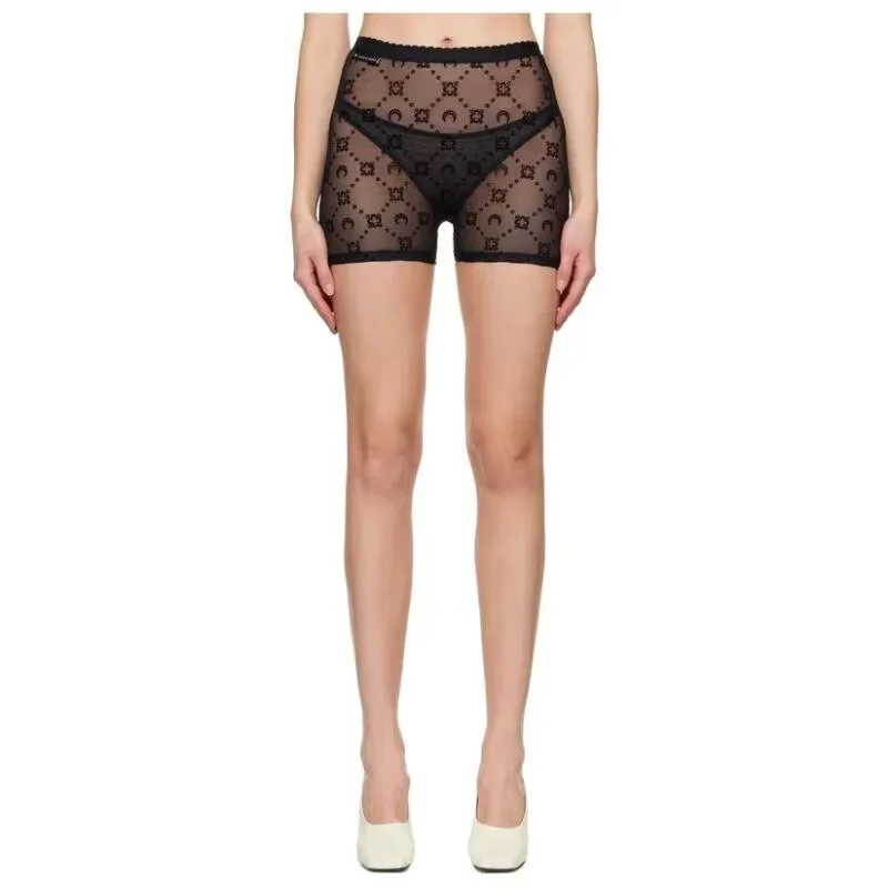 Mesh Plush Shorts Women Black Moon Print Summer Korean Fashion Sexy Casual Bottoms Versatile Slim Fit