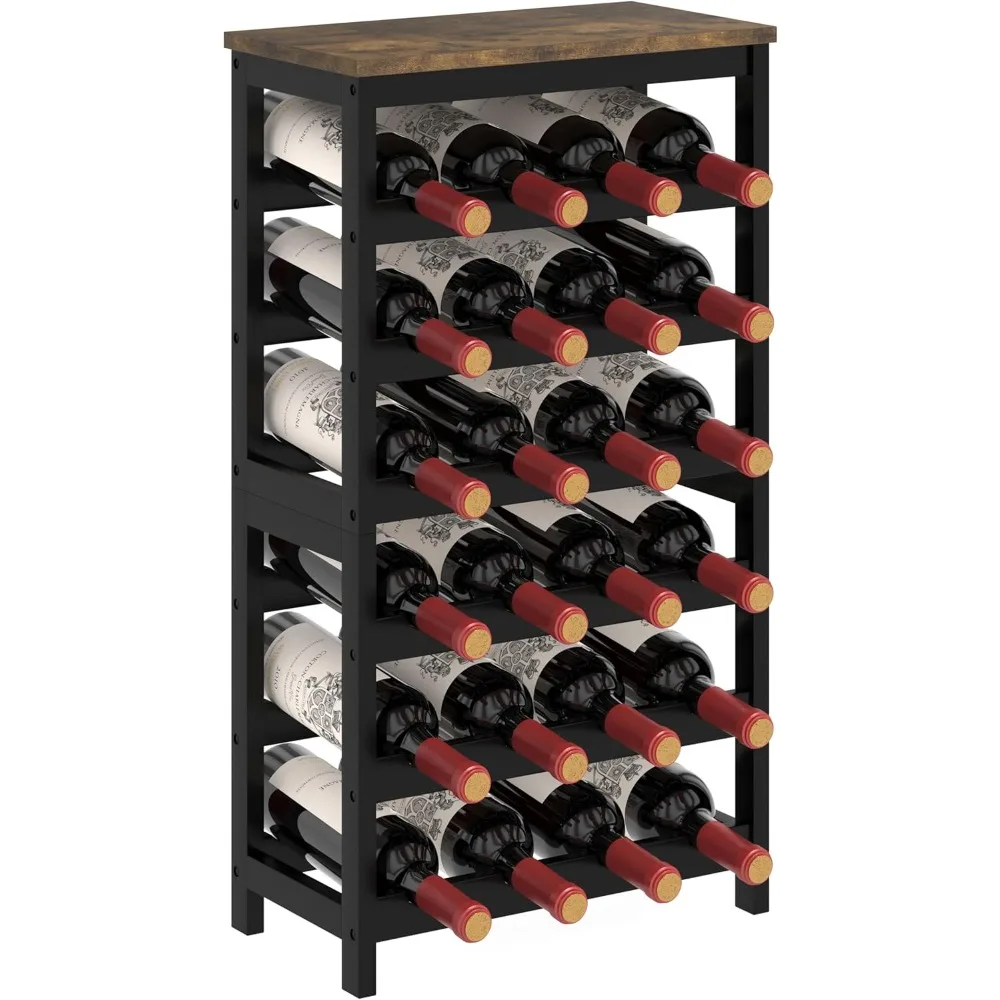 6 Tier Bamboo Wine Rack Freestanding Floor, 24 Bottles Wine Storage Shelves with Brown Table Top, Stackable Wine Display Rack