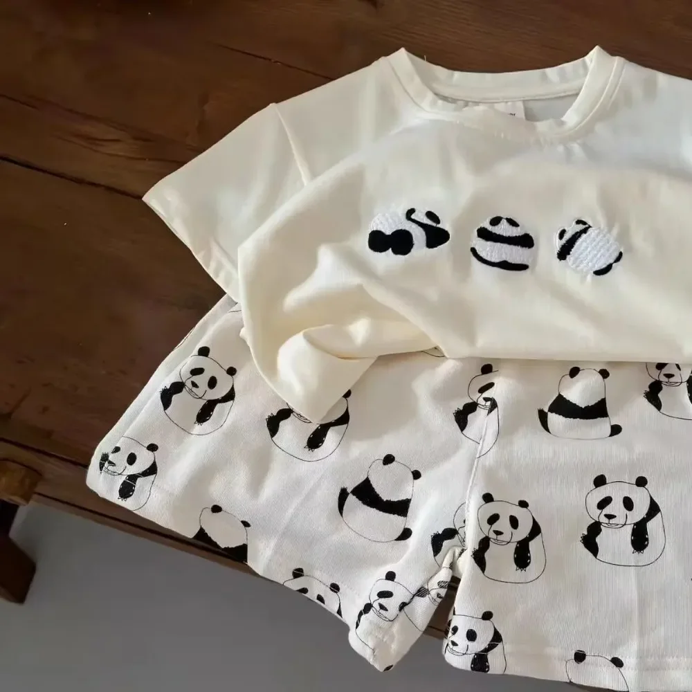 Children's Sets Boys Girls  Summer Set of Panda Short-sleeved T-shirt + Casual Full-print Shorts 2-piece Set Loungewear Outfit