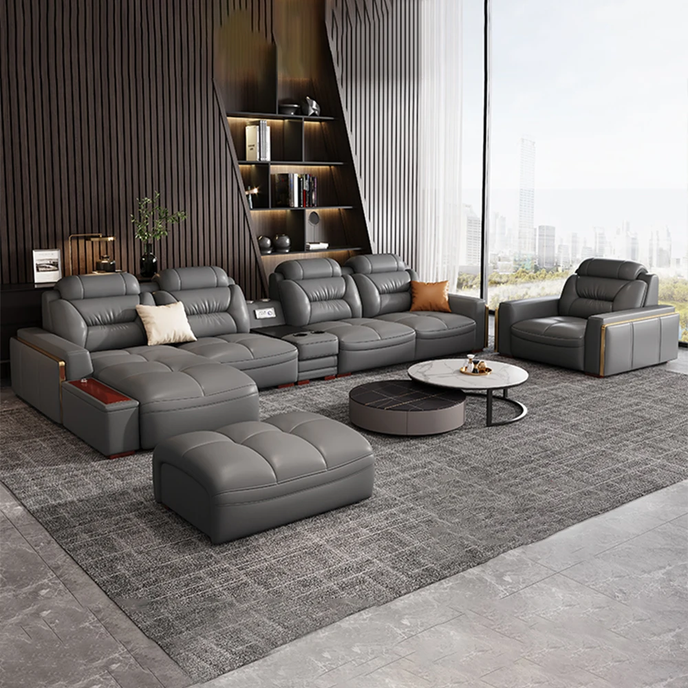 

Linlamlim Modern Genuine Leather Sectional Sofa Set with Chaise Lounge– Upholstered Modular Couch with USB and Bluetooth Speake
