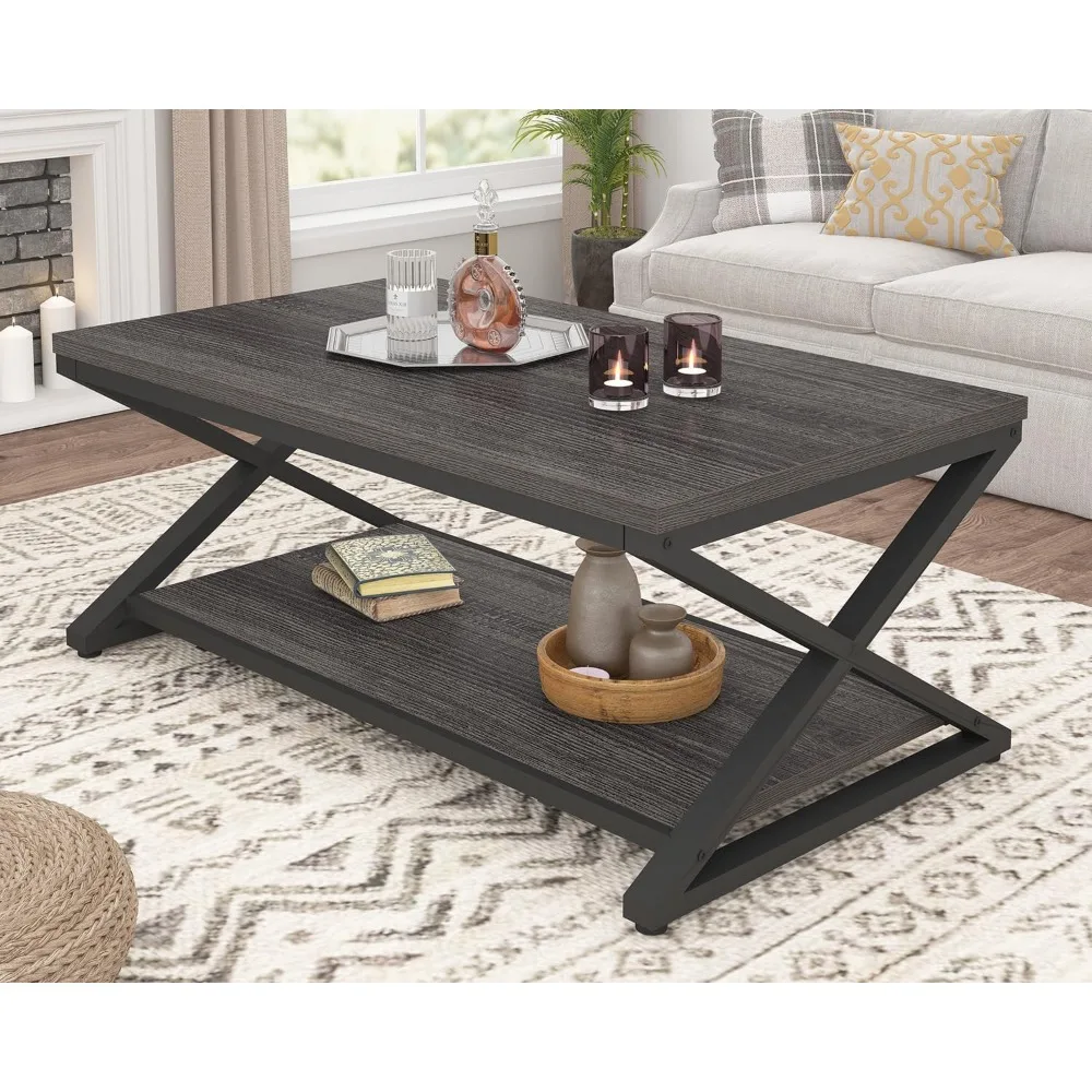 

Gray Storage Coffee Table, Modern Center Table for Living Room with Display Shelf, Simple Metal Wooden Rectangle Cocktail Tea T