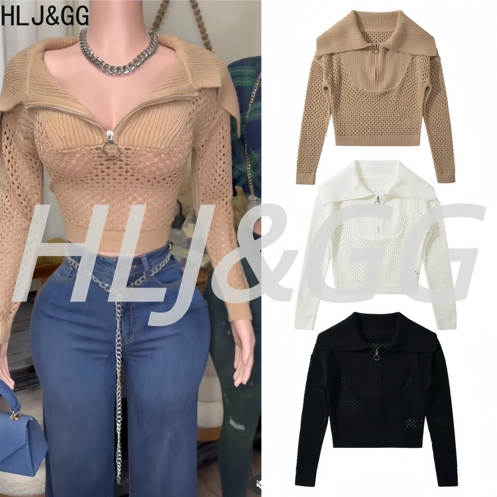 

HLJ&GG Autumn New Zipper Lapel Sweater Women V Neck Long Sleeve Knitting Pullover Tops Fashion Hollow Slim Tops Streetwear 2025